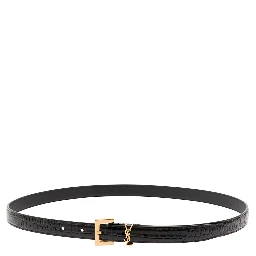 Black Thin Belt with Square Buckle and Cassandre in Crocodile-Embossed Leather Woman