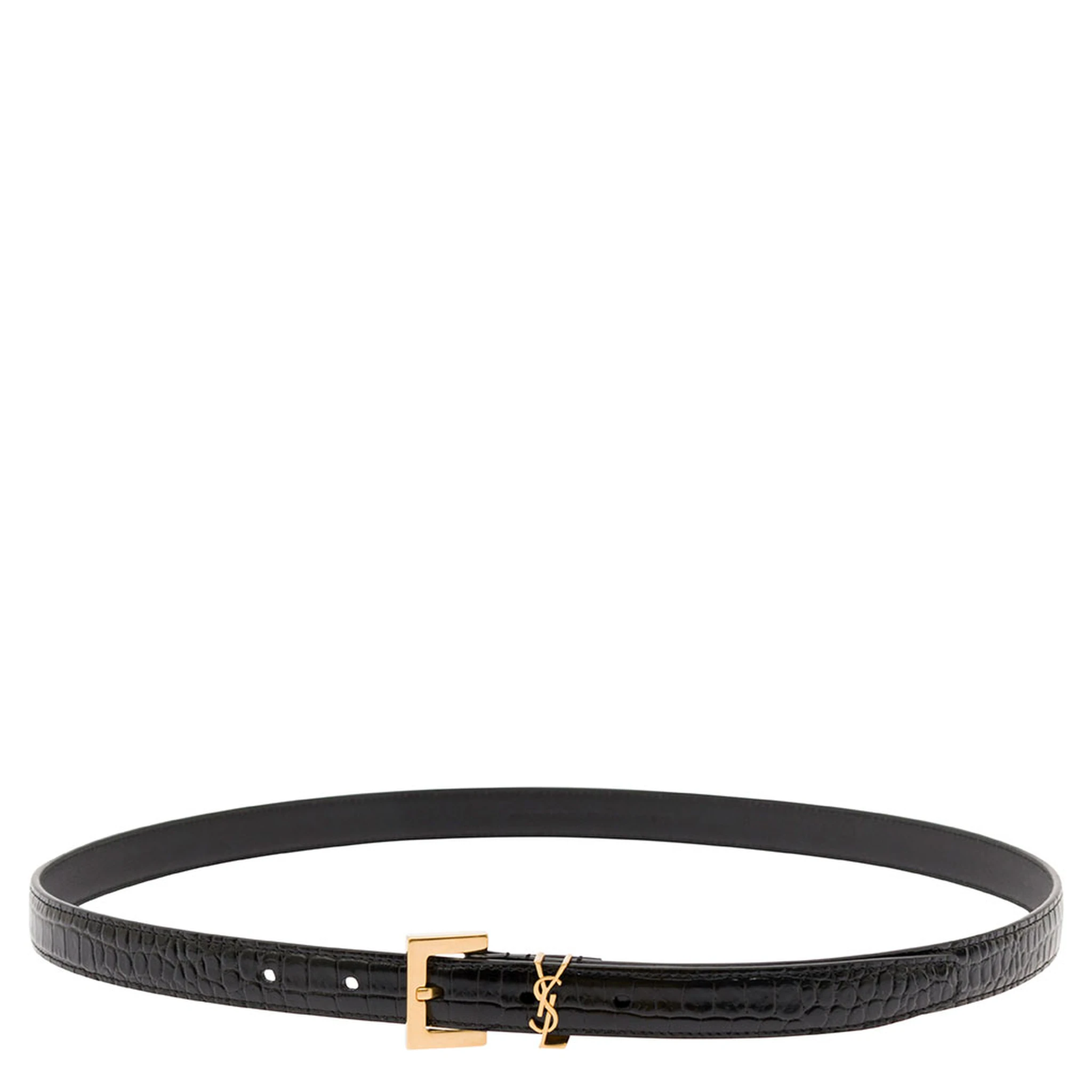 Black Thin Belt with Square Buckle and Cassandre in Crocodile-Embossed Leather Woman