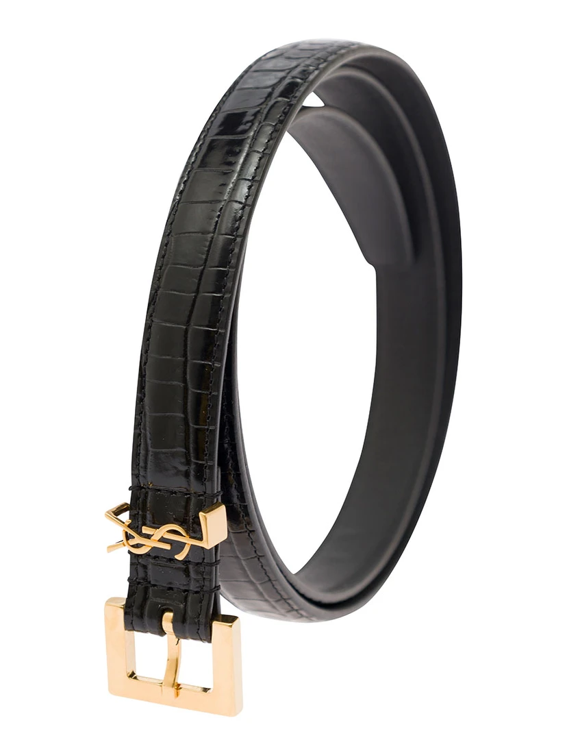 Black Thin Belt with Square Buckle and Cassandre in Crocodile-Embossed Leather Woman