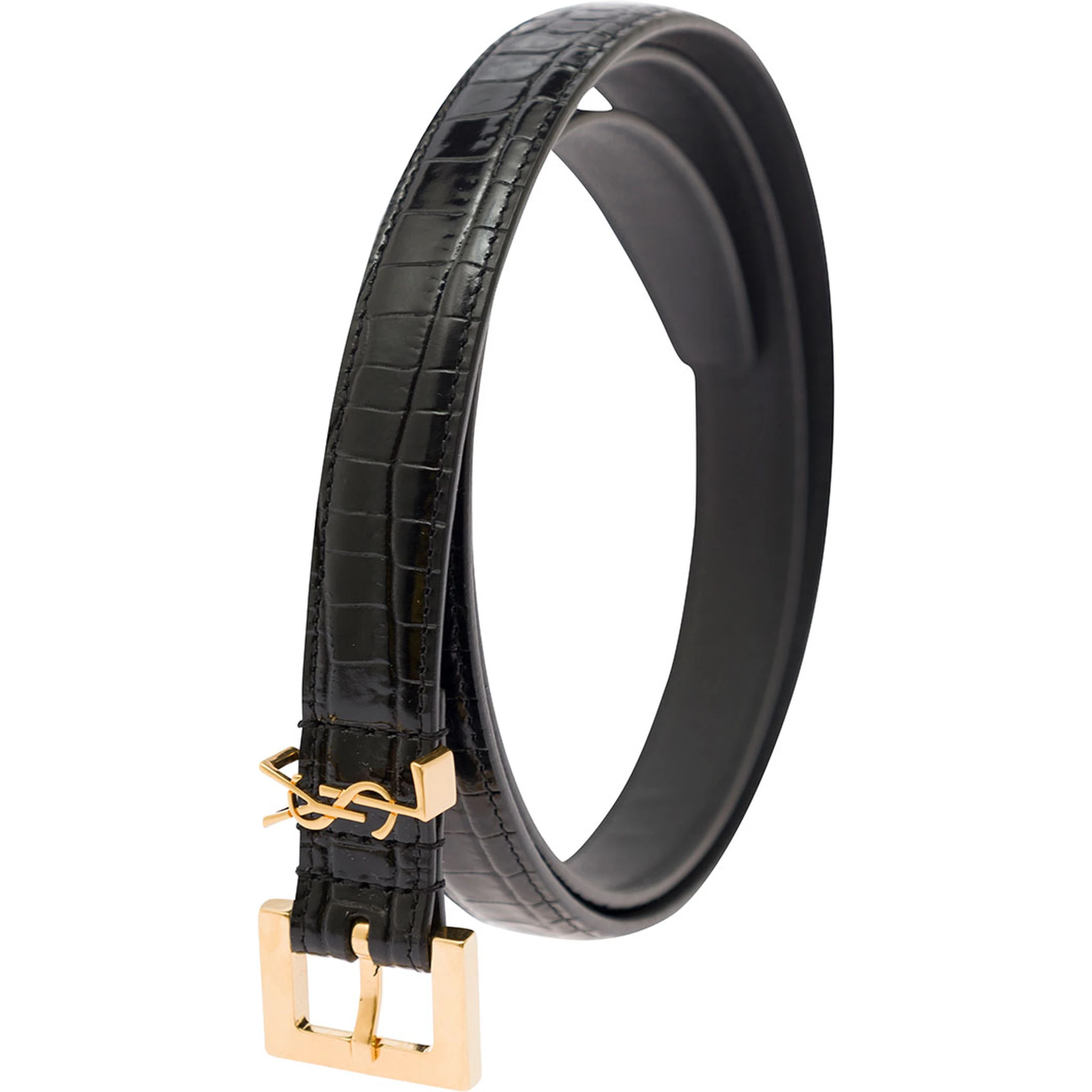 Black Thin Belt with Square Buckle and Cassandre in Crocodile-Embossed Leather Woman