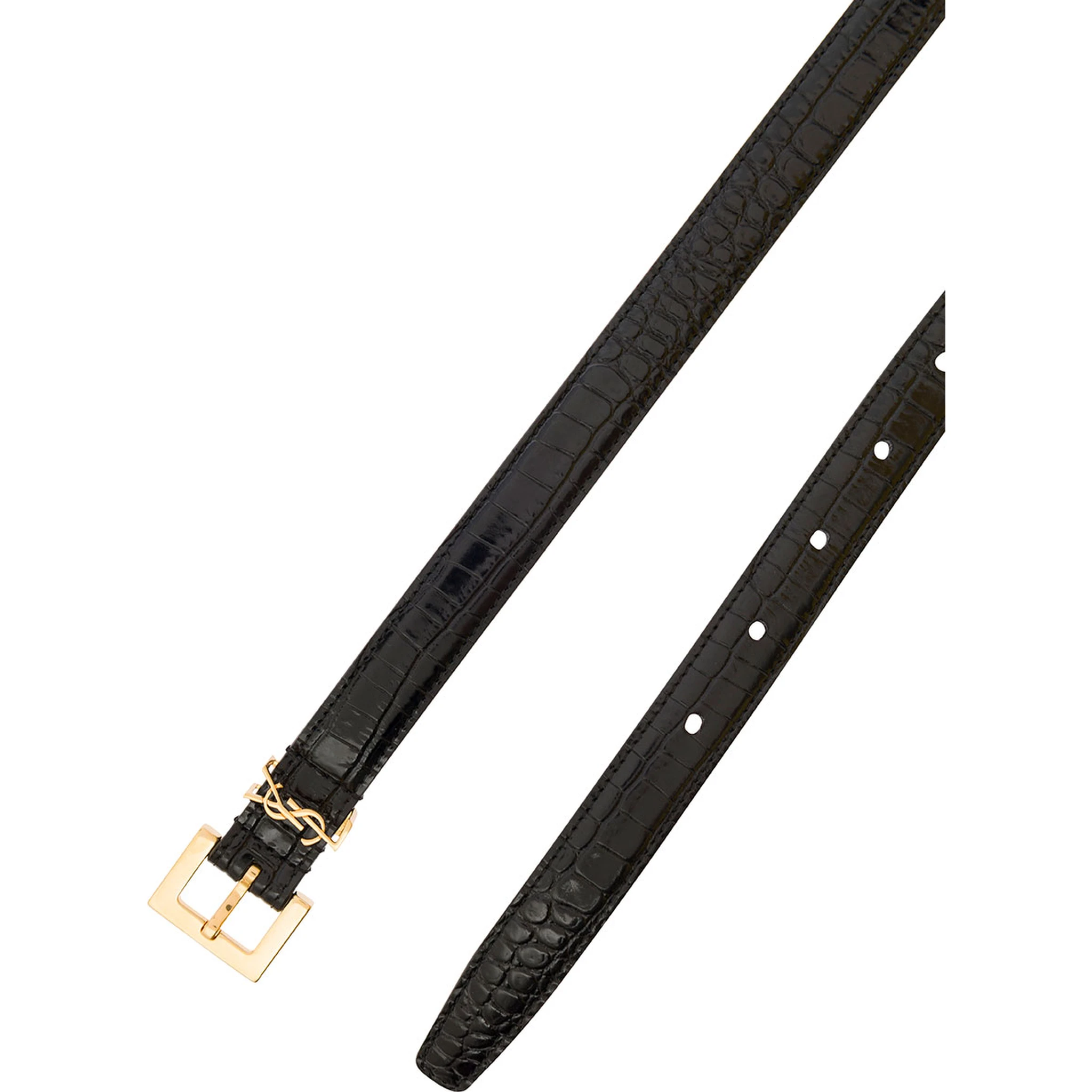 Black Thin Belt with Square Buckle and Cassandre in Crocodile-Embossed Leather Woman