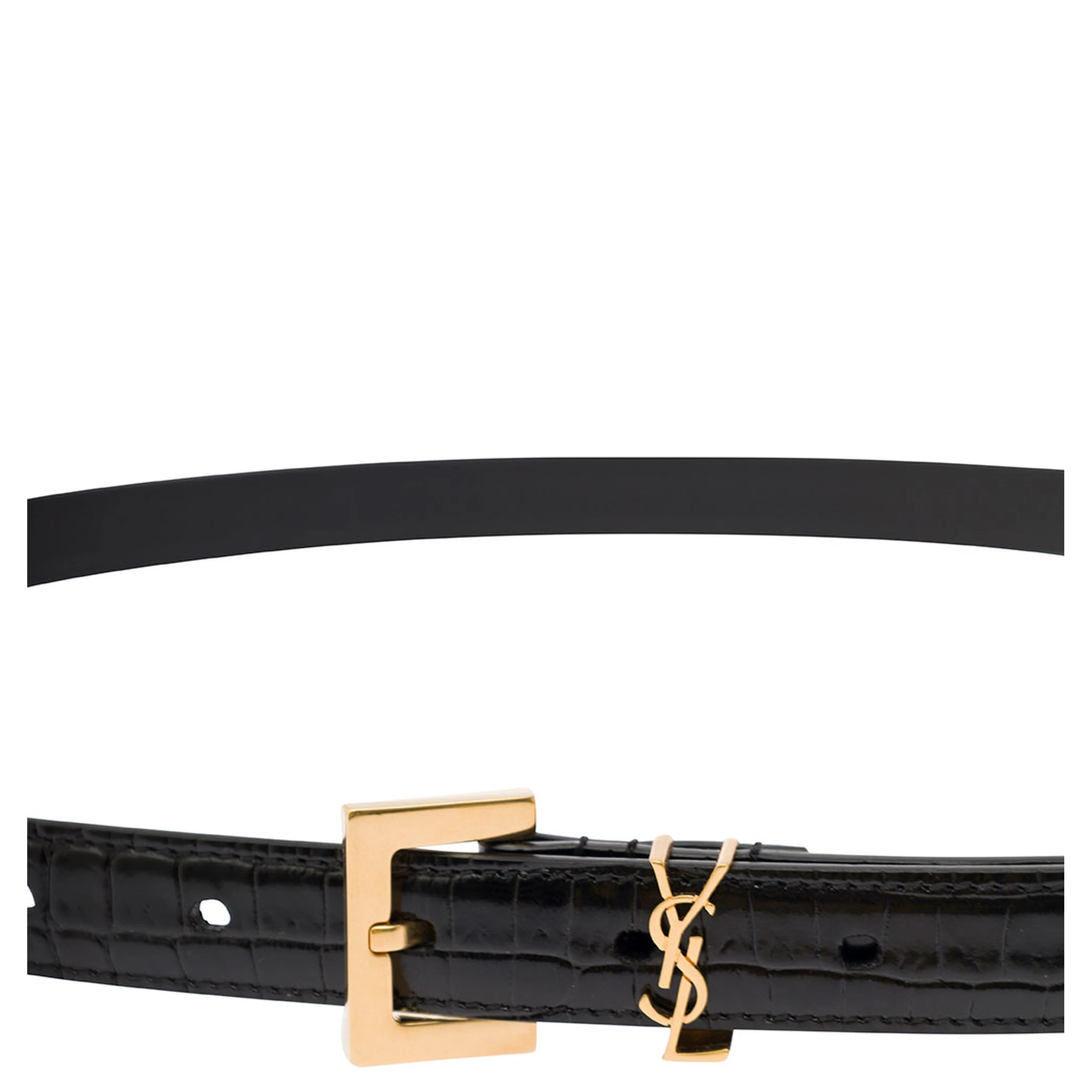 Black Thin Belt with Square Buckle and Cassandre in Crocodile-Embossed Leather Woman