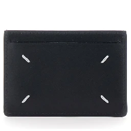 Black Card Holder with Four Rear Stitchings in Leather Woman