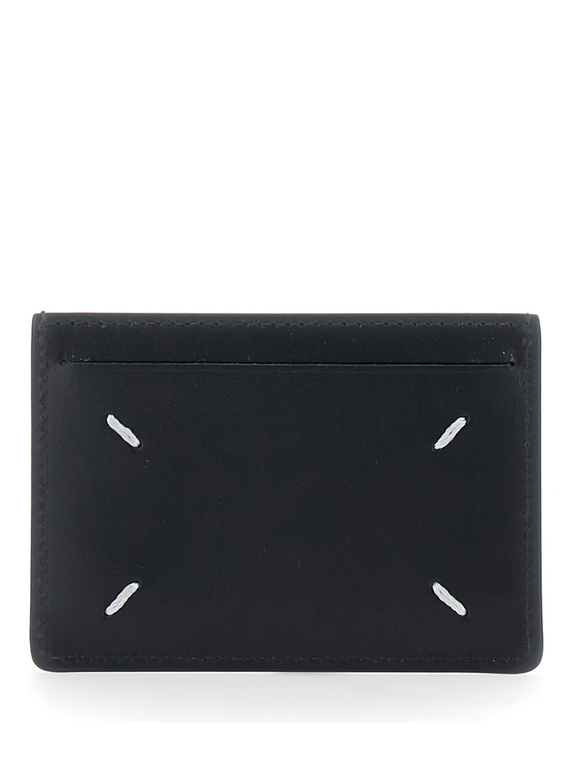 Black Card Holder with Four Rear Stitchings in Leather Woman