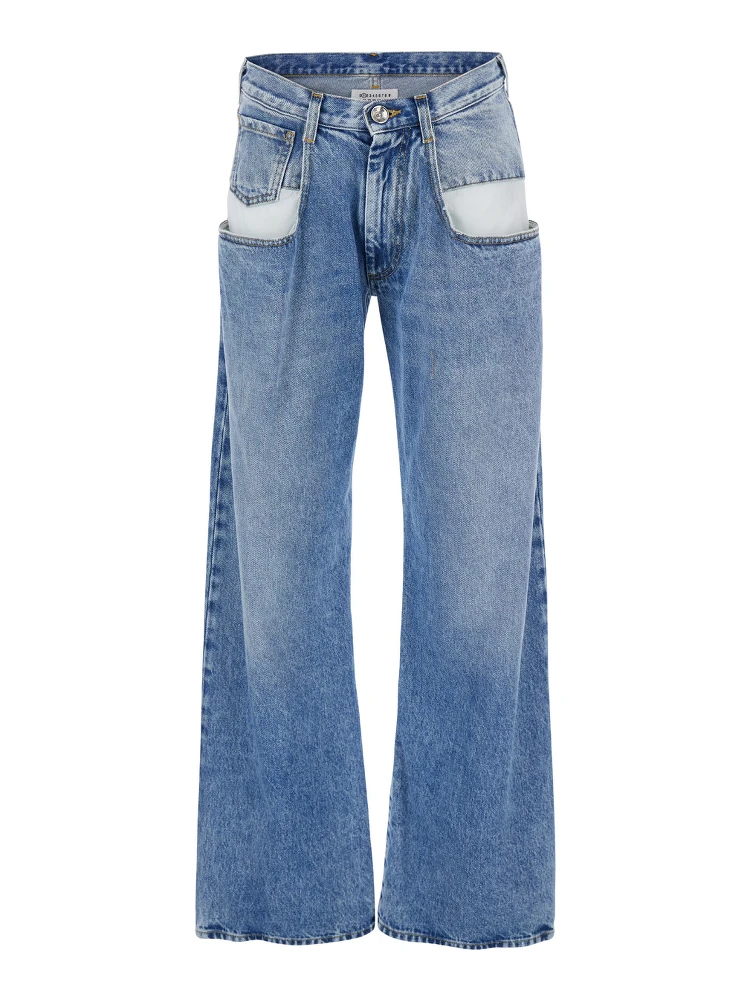 Light Blue Five-Pocket Jeans with Bleach Effect in Cotton Denim Woman