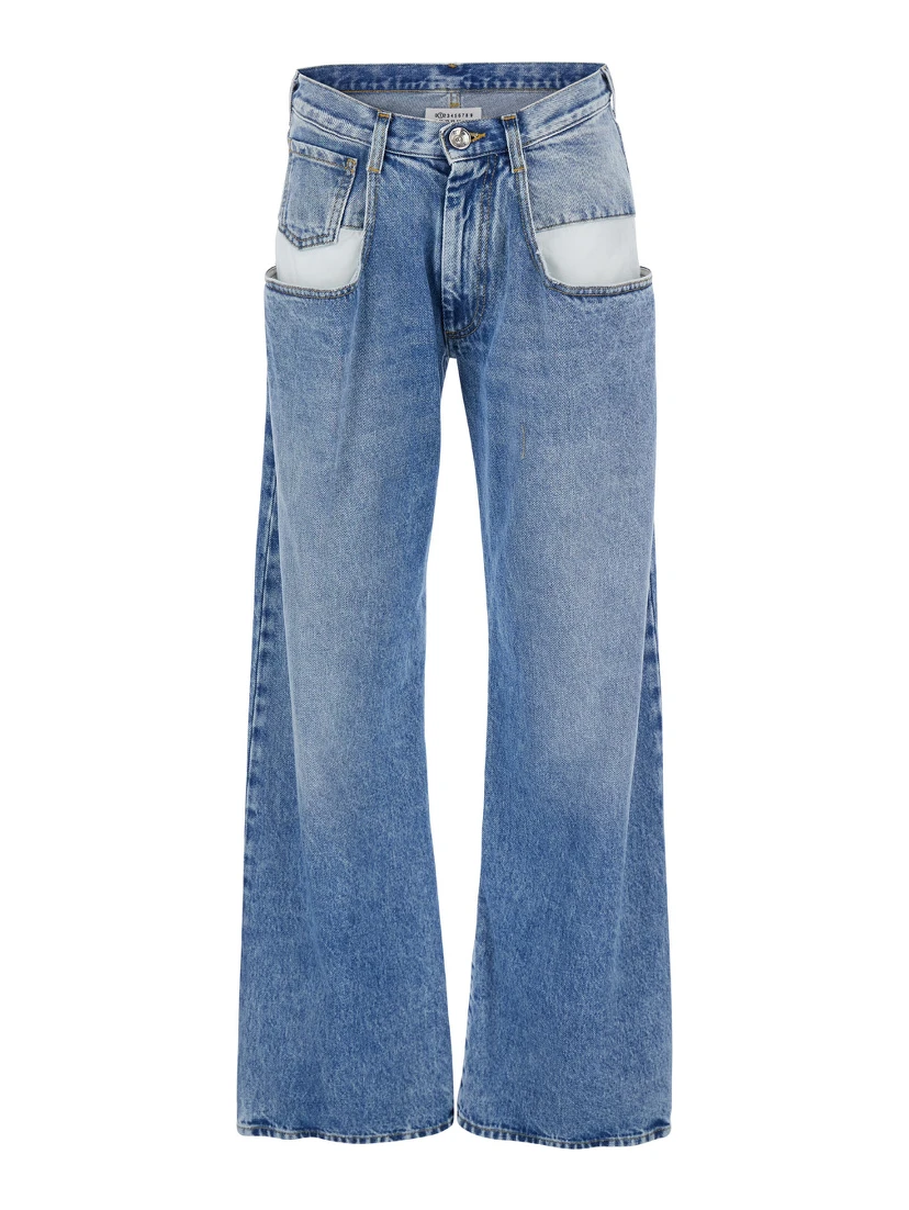 Light Blue Five-Pocket Jeans with Bleach Effect in Cotton Denim Woman