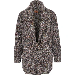 Multicolor Cardigan with Deep-Neck and Flame Rib Stitch in Wool and Cotton Blend Woman