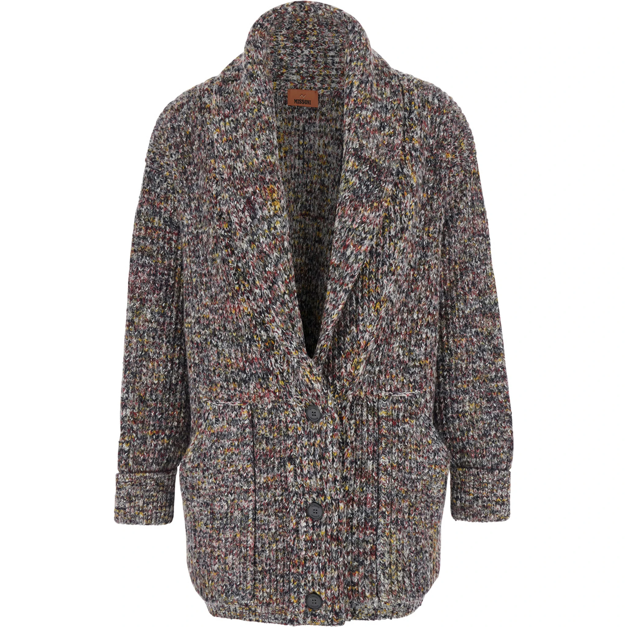 Multicolor Cardigan with Deep-Neck and Flame Rib Stitch in Wool and Cotton Blend Woman