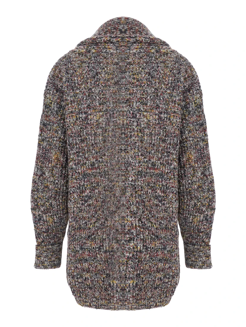 Multicolor Cardigan with Deep-Neck and Flame Rib Stitch in Wool and Cotton Blend Woman