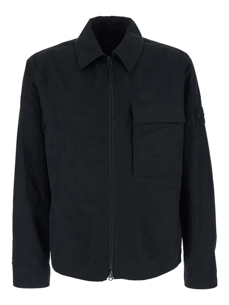 Black Shirt with Classic Collar and Logo Patch on the Sleeve in Cotton Man