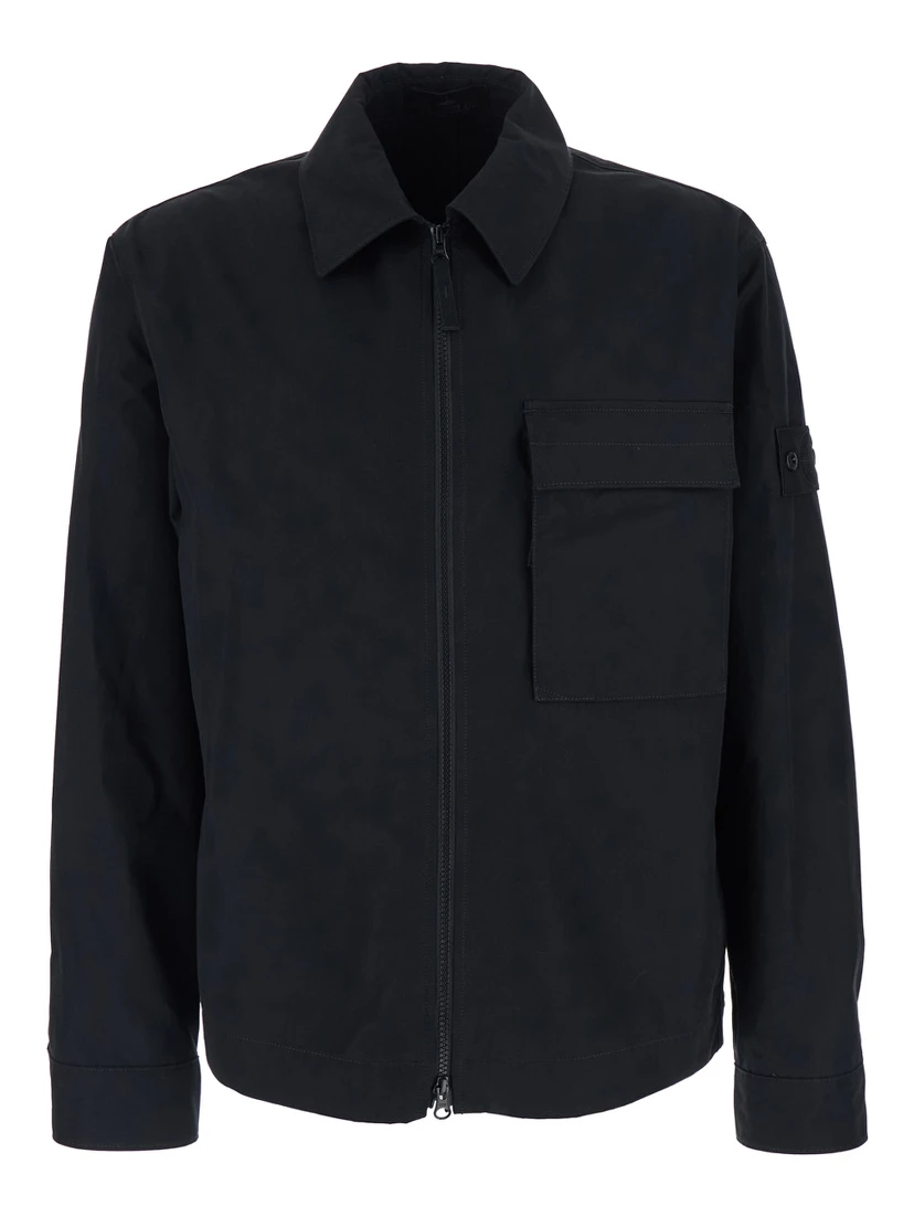 Black Shirt with Classic Collar and Logo Patch on the Sleeve in Cotton Man