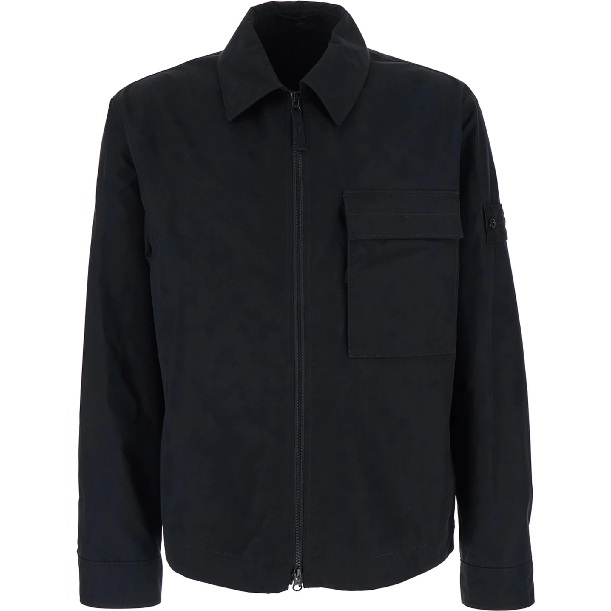 Black Shirt with Classic Collar and Logo Patch on the Sleeve in Cotton Man
