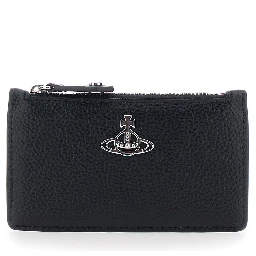 Black Wallet with Orb Detail on the Front and Top Zip Closure in Ecoleather Woman
