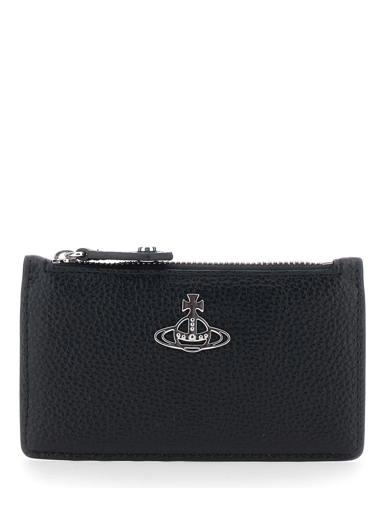 Black Wallet with Orb Detail on the Front and Top Zip Closure in Ecoleather Woman