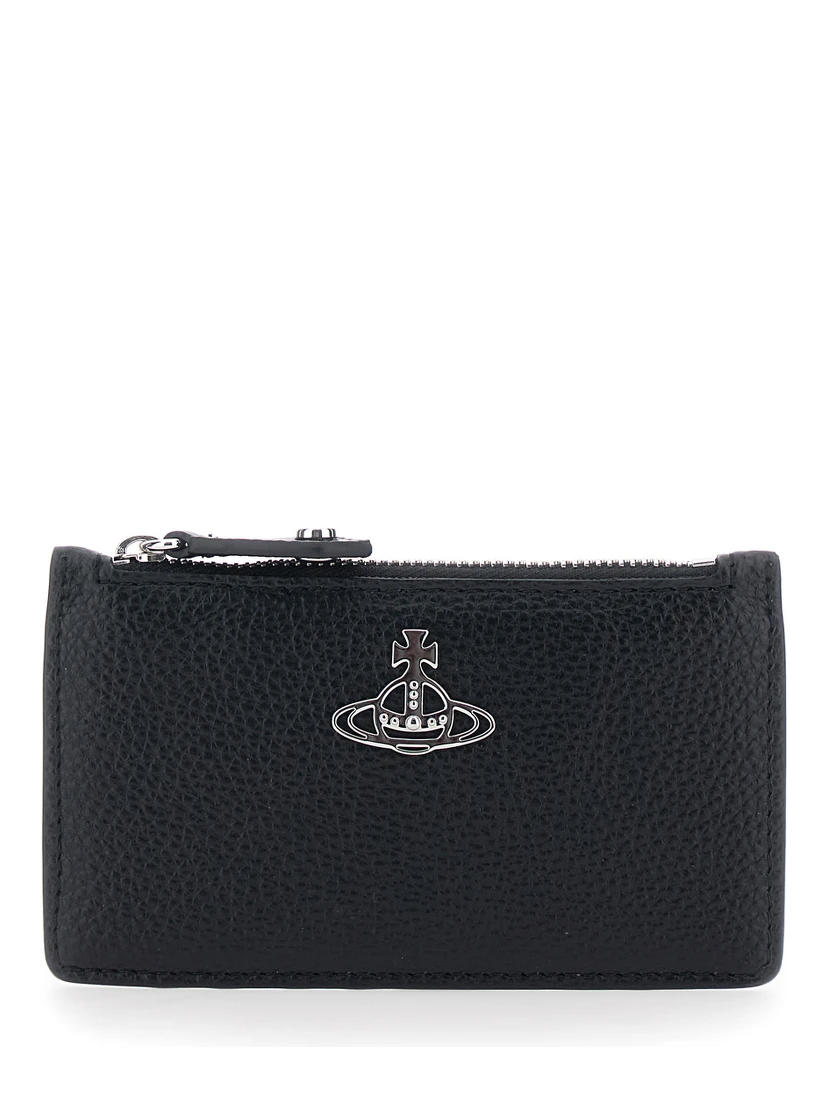 Black Wallet with Orb Detail on the Front and Top Zip Closure in Ecoleather Woman