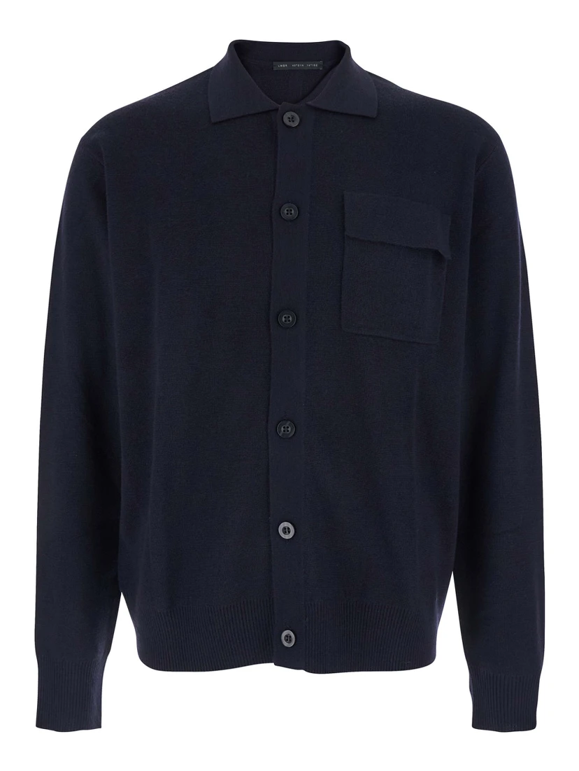 Blue Cardigan with Polo Shirt Style Collar and One Front Patch Pocket in Wool Man