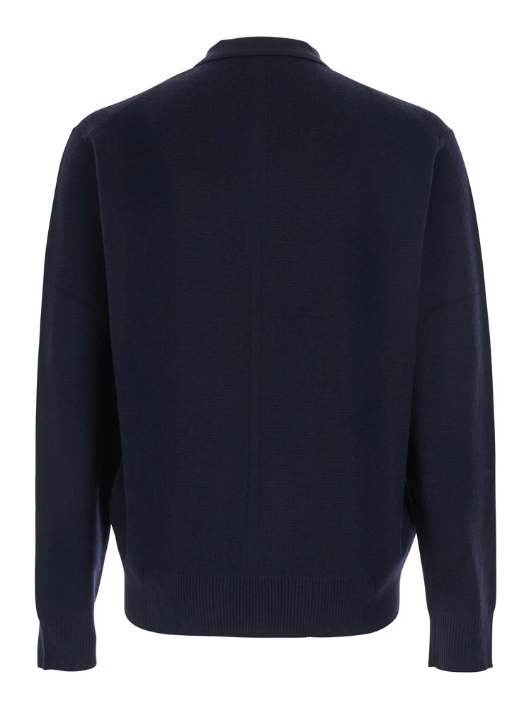 Blue Cardigan with Polo Shirt Style Collar and One Front Patch Pocket in Wool Man alternative