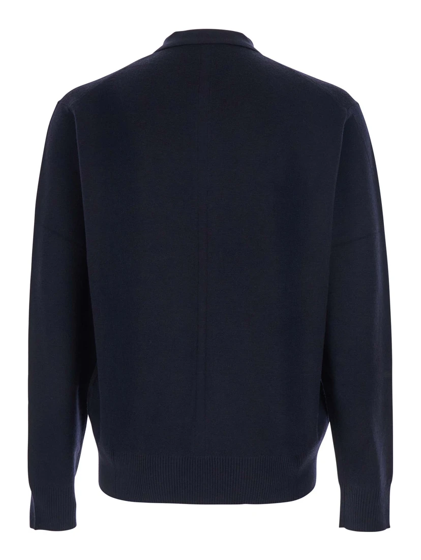 Blue Cardigan with Polo Shirt Style Collar and One Front Patch Pocket in Wool Man