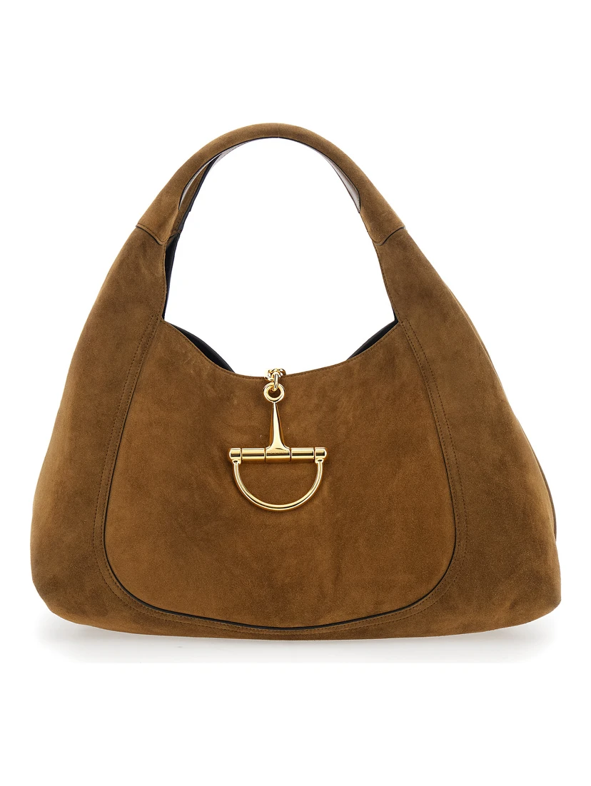 Brown Shoulder Bag with Horsebit Closure in Suede Woman