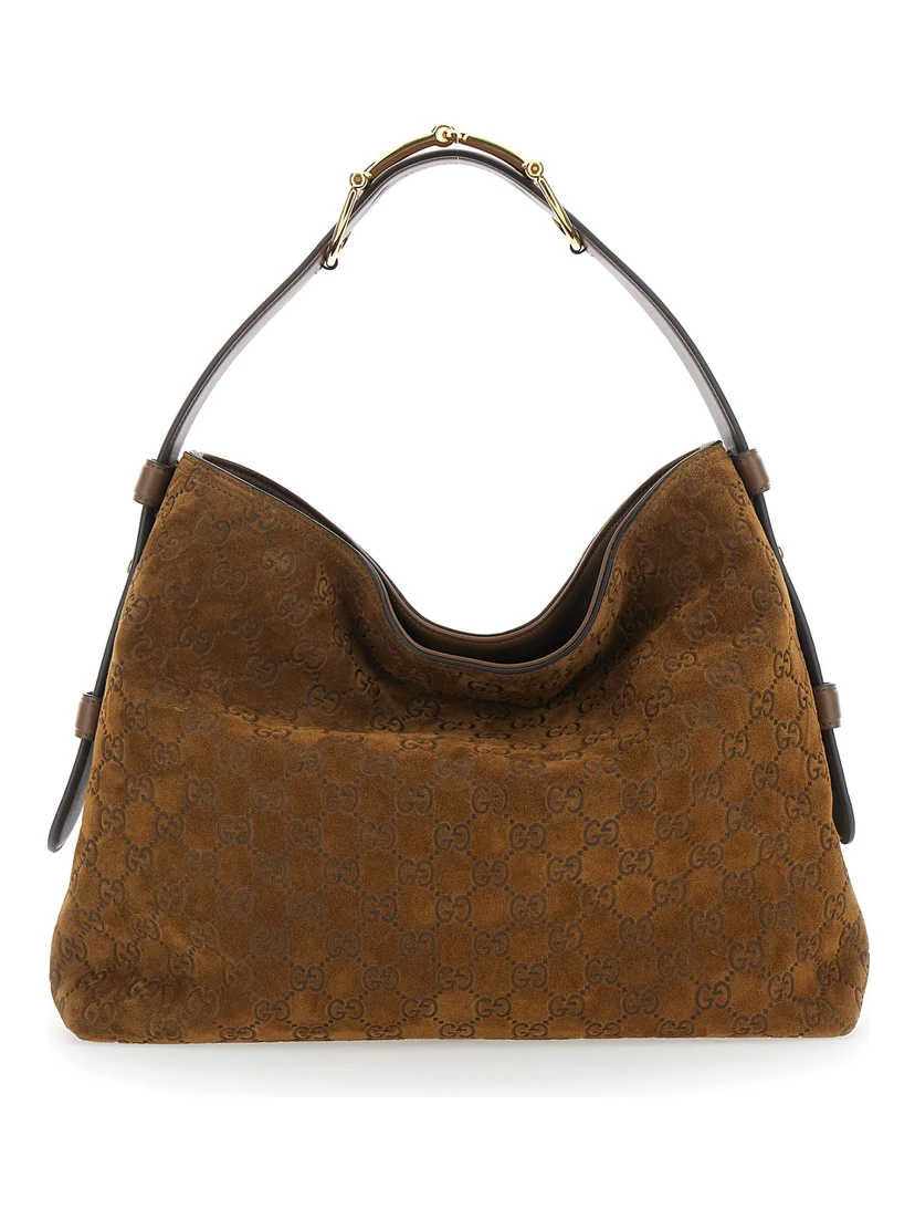 Beatrix Small Brown Shoulder Bag with All-Over GG Motif in Suede Woman