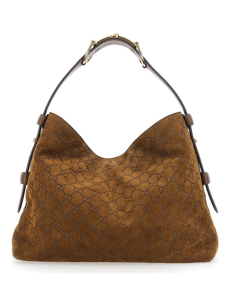 Beatrix Small Brown Shoulder Bag with All-Over GG Motif in Suede Woman alternative