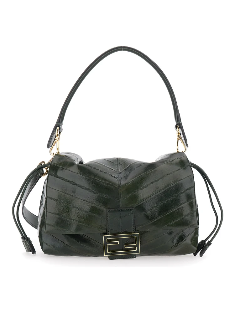 Mamma Baguette Medium Green Shoulder Bag with FF Closure on the Front in Leather Woman