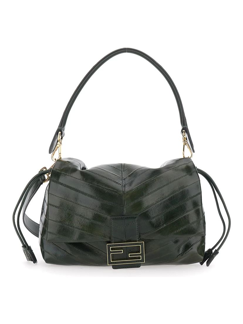Mamma Baguette Medium Green Shoulder Bag with FF Closure on the Front in Leather Woman