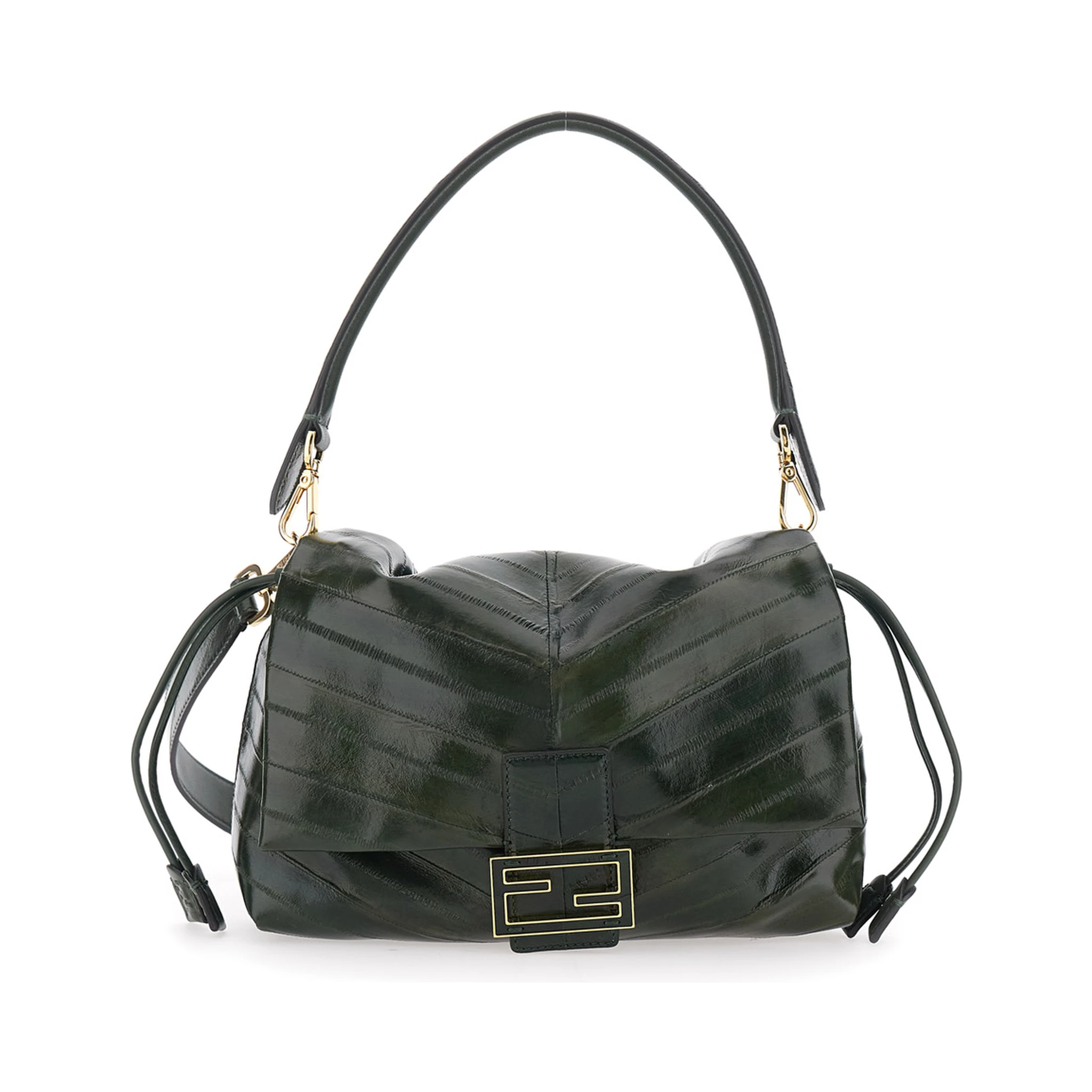 Mamma Baguette Medium Green Shoulder Bag with FF Closure on the Front in Leather Woman