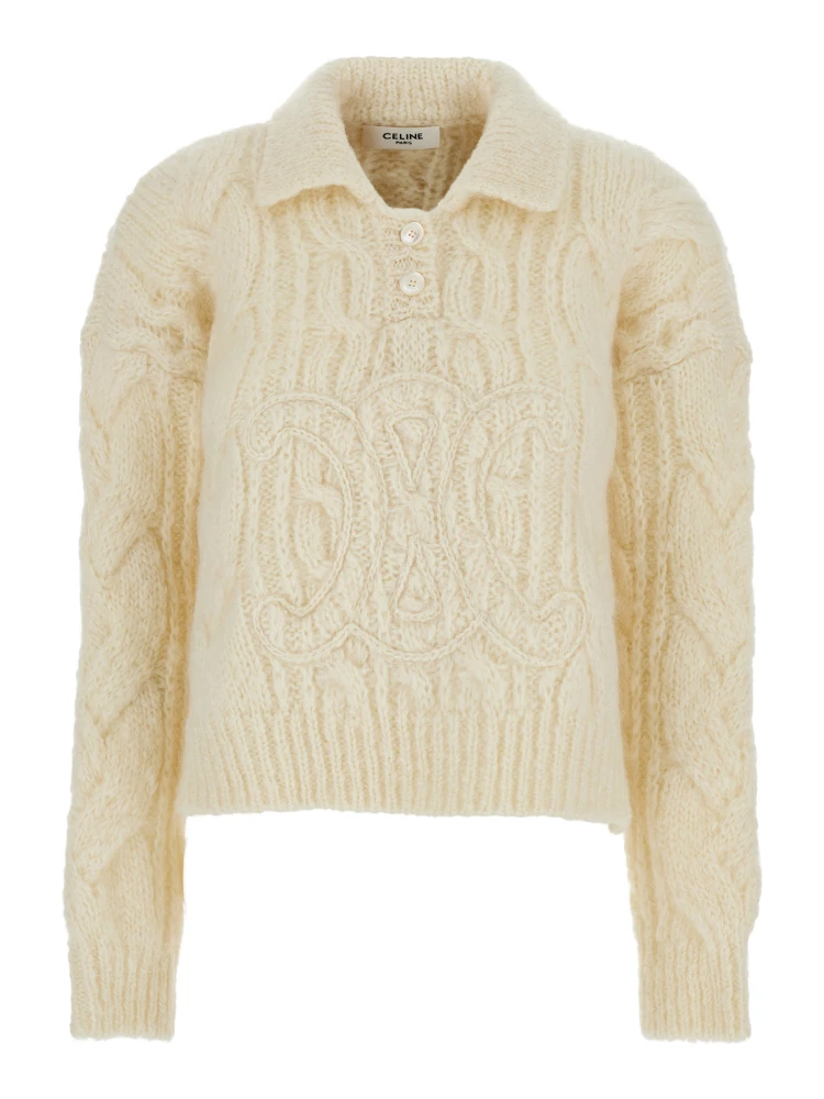 White Sweater with Classic Collar and Triomphe Logo Embroidered on the Front in Mohair and Wool Blend Woman