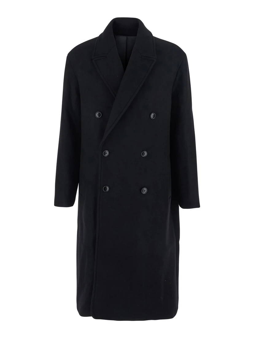Black Double-Breasted Coat with Classic Lapels in Wool Blend Man