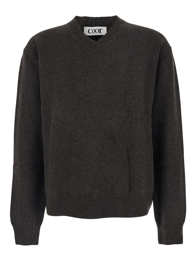 Brown Sweater with V Neck and Ribbed Trims in Wool Man
