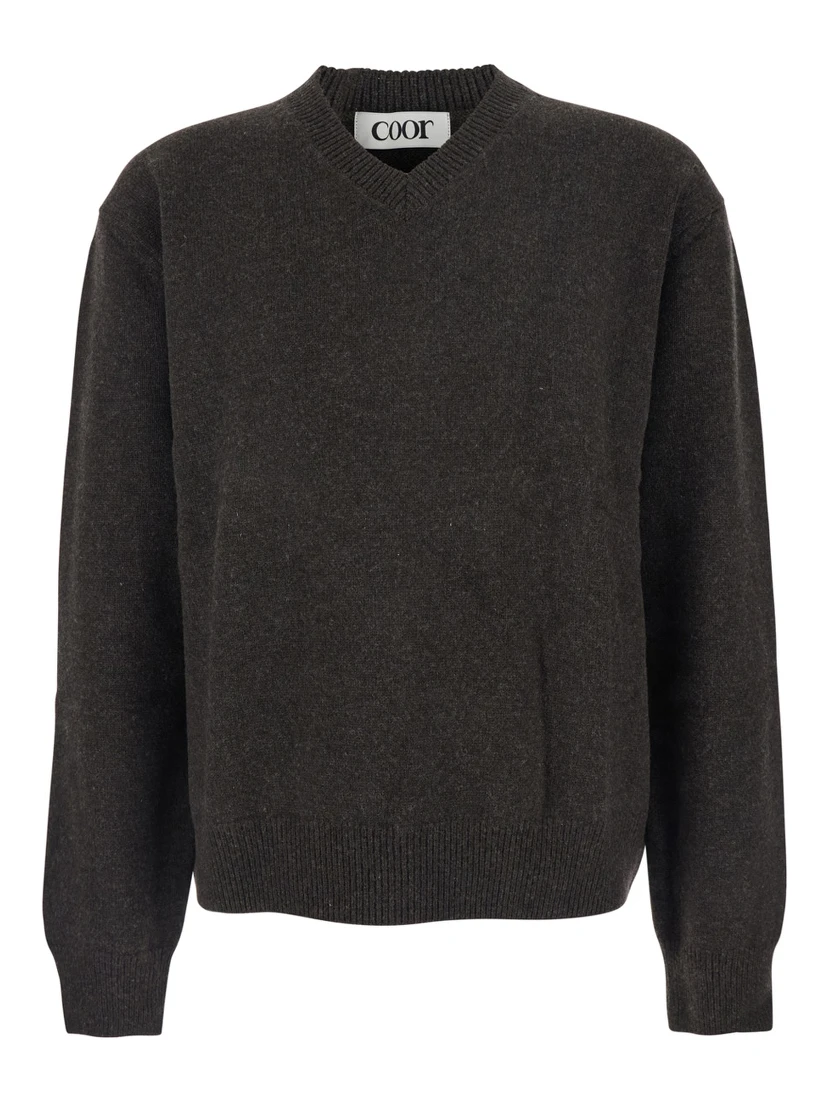 Brown Sweater with V Neck and Ribbed Trims in Wool Man