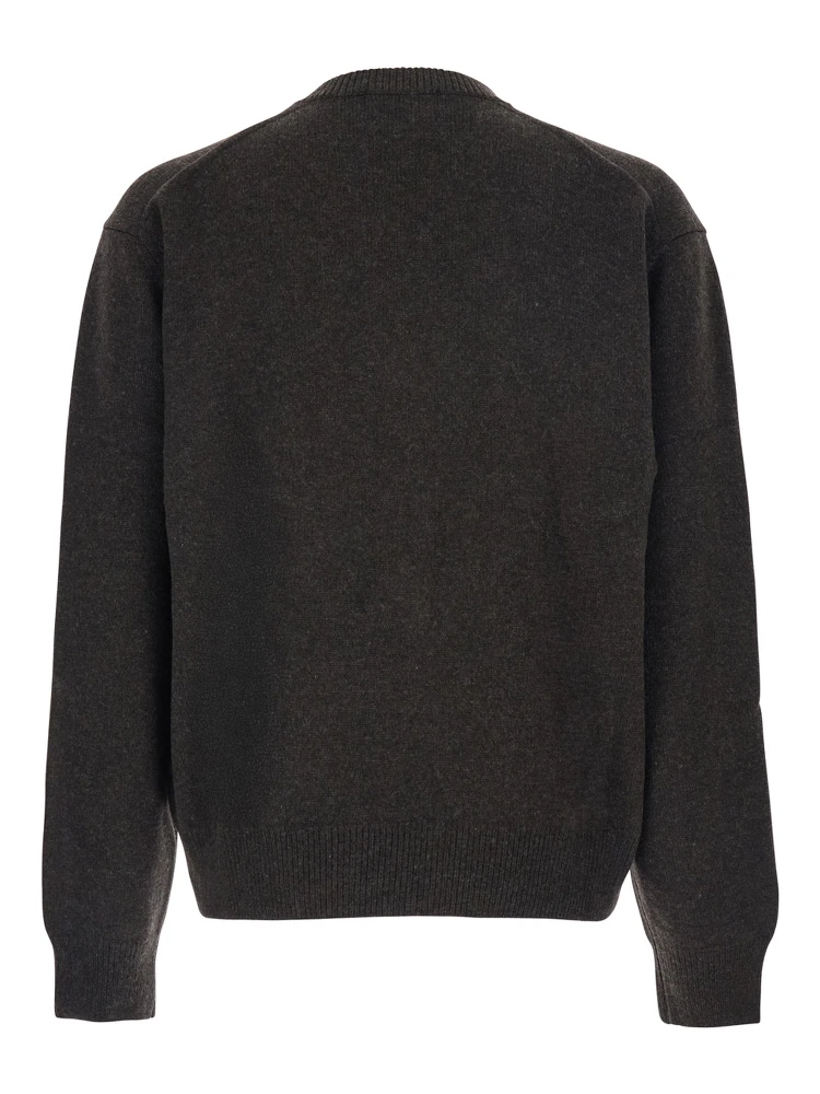 Brown Sweater with V Neck and Ribbed Trims in Wool Man alternative