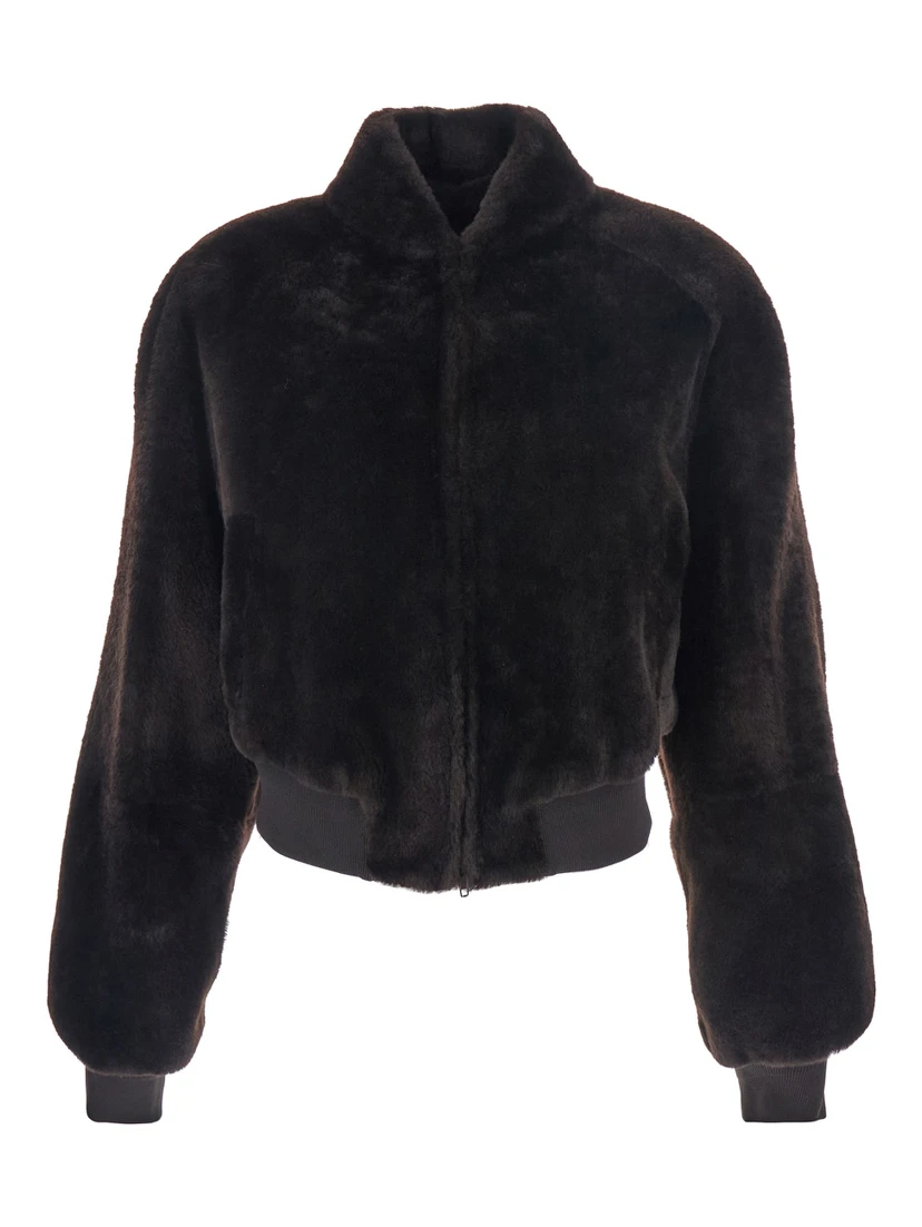 Brown Cropped Bomber Jacket with Bomber Collar in Fur Woman