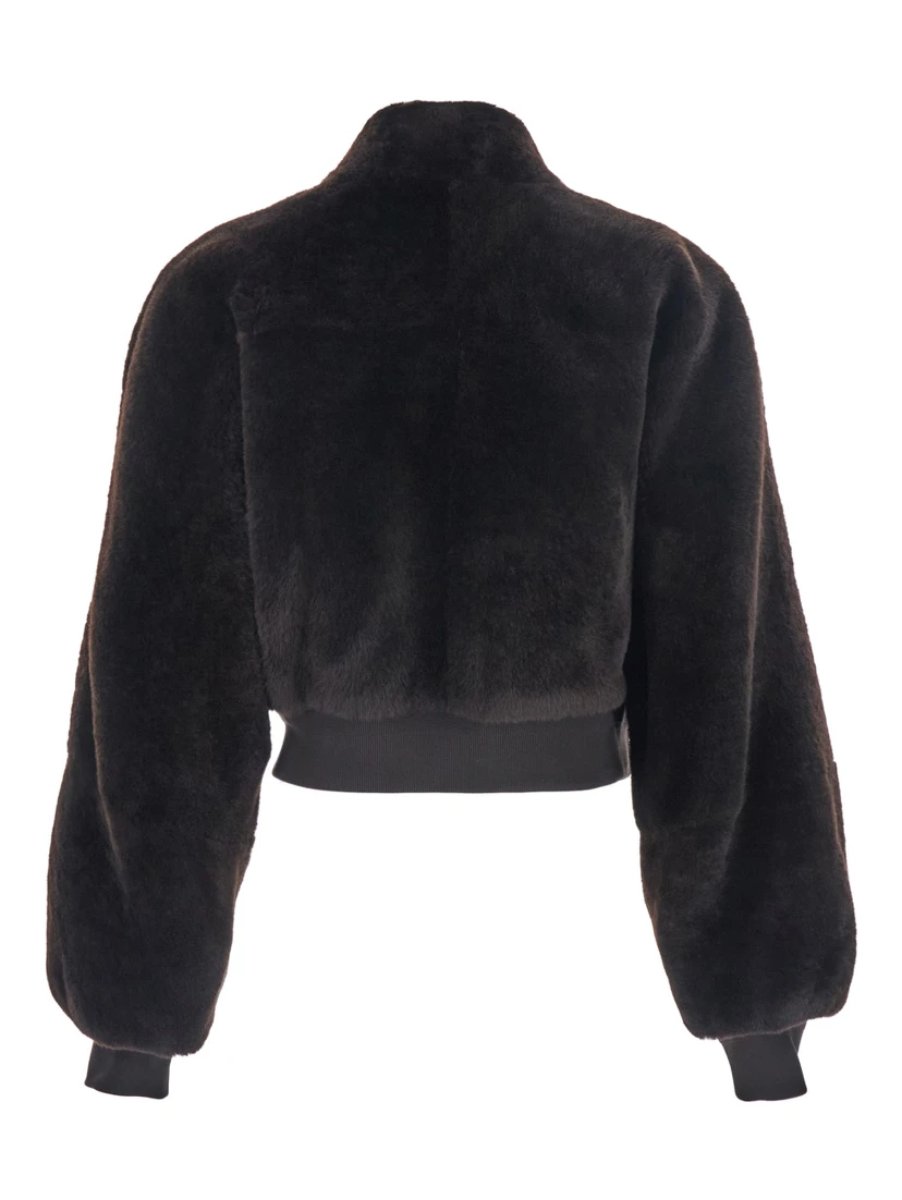 Brown Cropped Bomber Jacket with Bomber Collar in Fur Woman