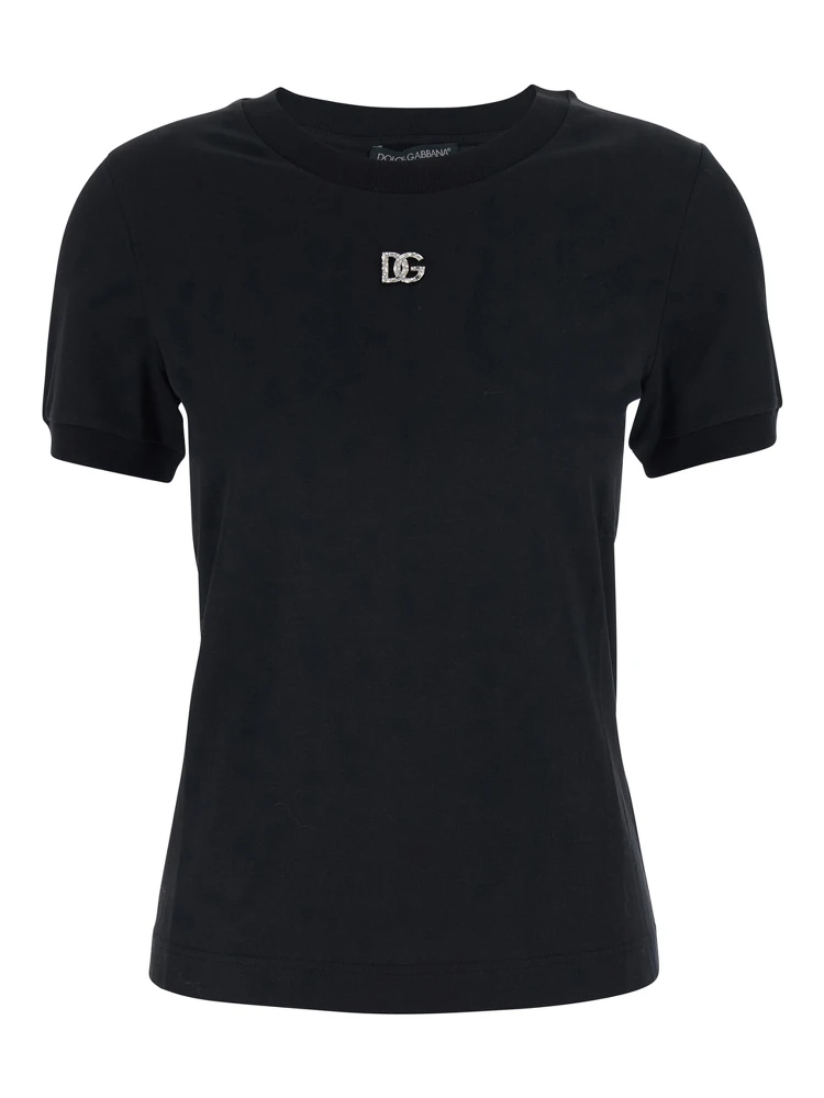 Black T-Shirt with Logo Decorated with Crystals on the Front in Cotton Woman