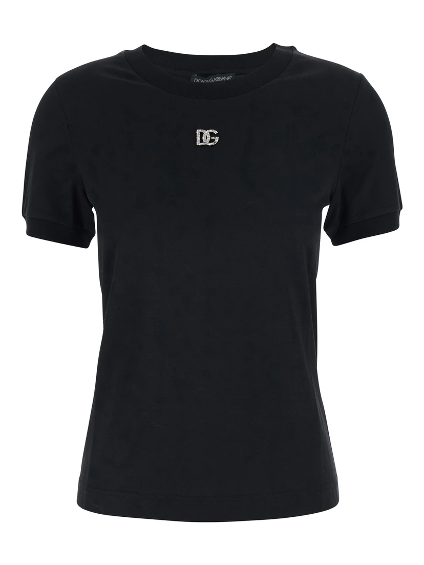 Black T-Shirt with Logo Decorated with Crystals on the Front in Cotton Woman