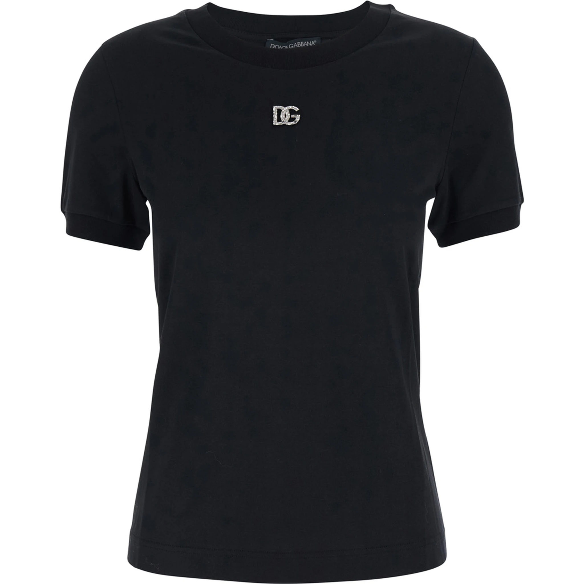 Black T-Shirt with Logo Decorated with Crystals on the Front in Cotton Woman