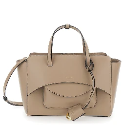 Beige Handbag with Adjustable and Removable Shoulder Strap and Logo Lettering on the Front in Leather Woman