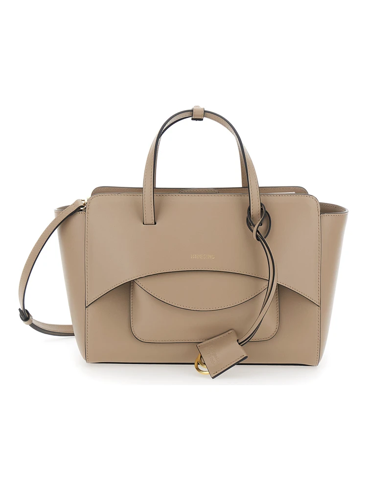 Beige Handbag with Adjustable and Removable Shoulder Strap and Logo Lettering on the Front in Leather Woman