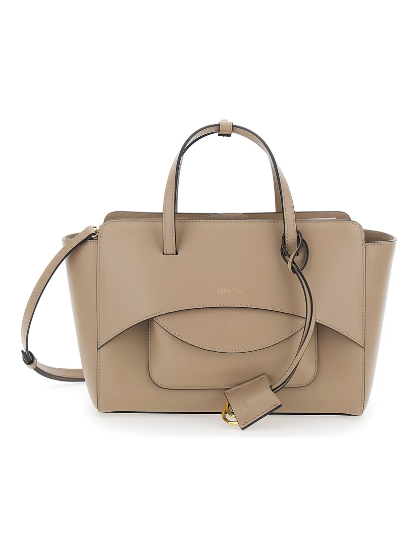 Beige Handbag with Adjustable and Removable Shoulder Strap and Logo Lettering on the Front in Leather Woman