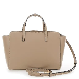 Beige Handbag with Adjustable and Removable Shoulder Strap and Logo Lettering on the Front in Leather Woman