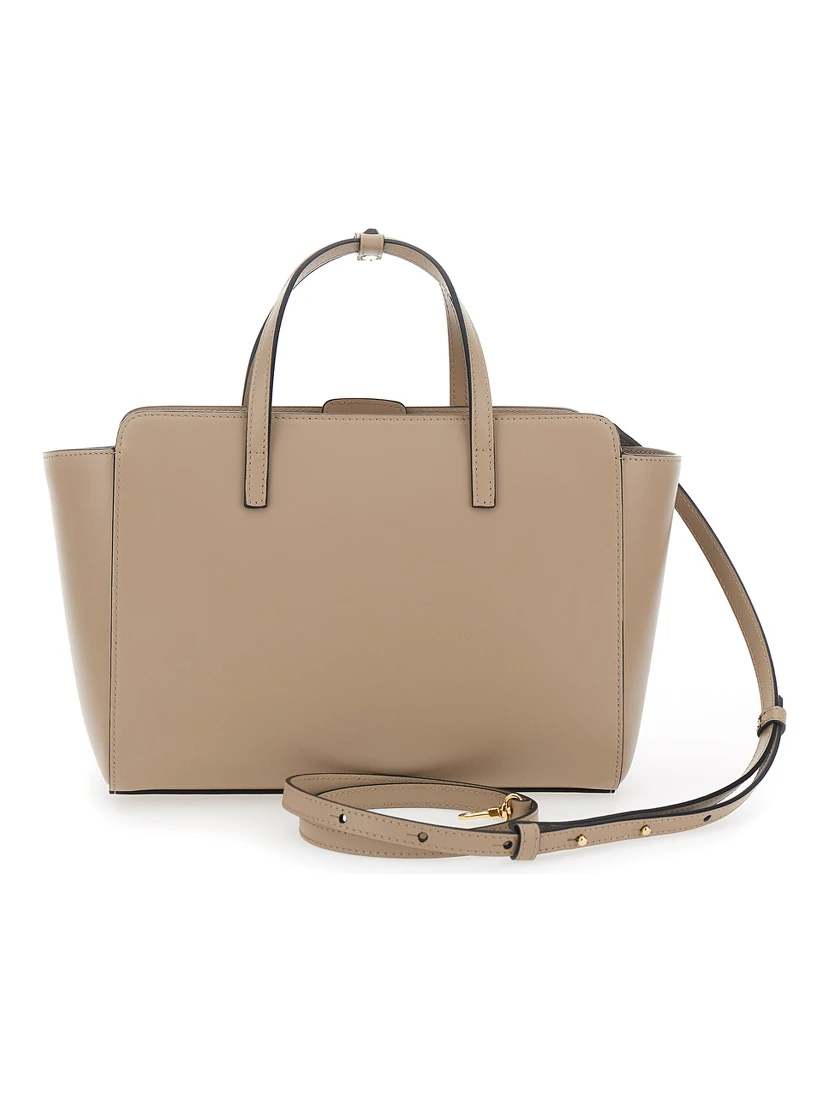 Beige Handbag with Adjustable and Removable Shoulder Strap and Logo Lettering on the Front in Leather Woman