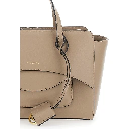 Beige Handbag with Adjustable and Removable Shoulder Strap and Logo Lettering on the Front in Leather Woman