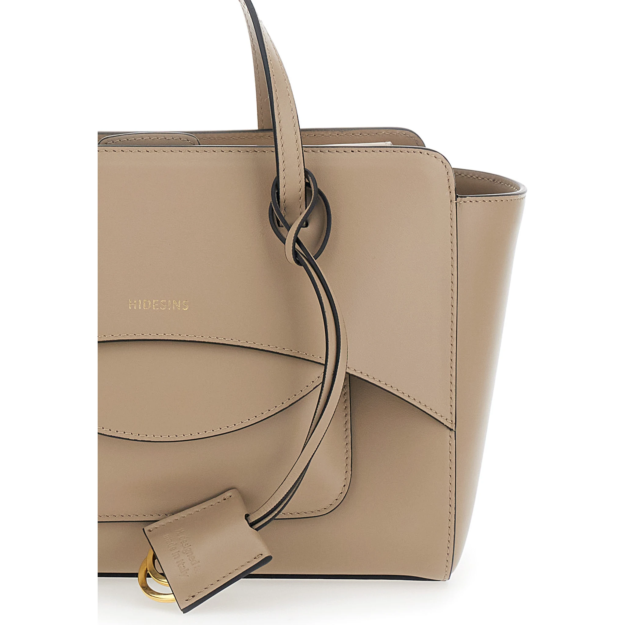 Beige Handbag with Adjustable and Removable Shoulder Strap and Logo Lettering on the Front in Leather Woman