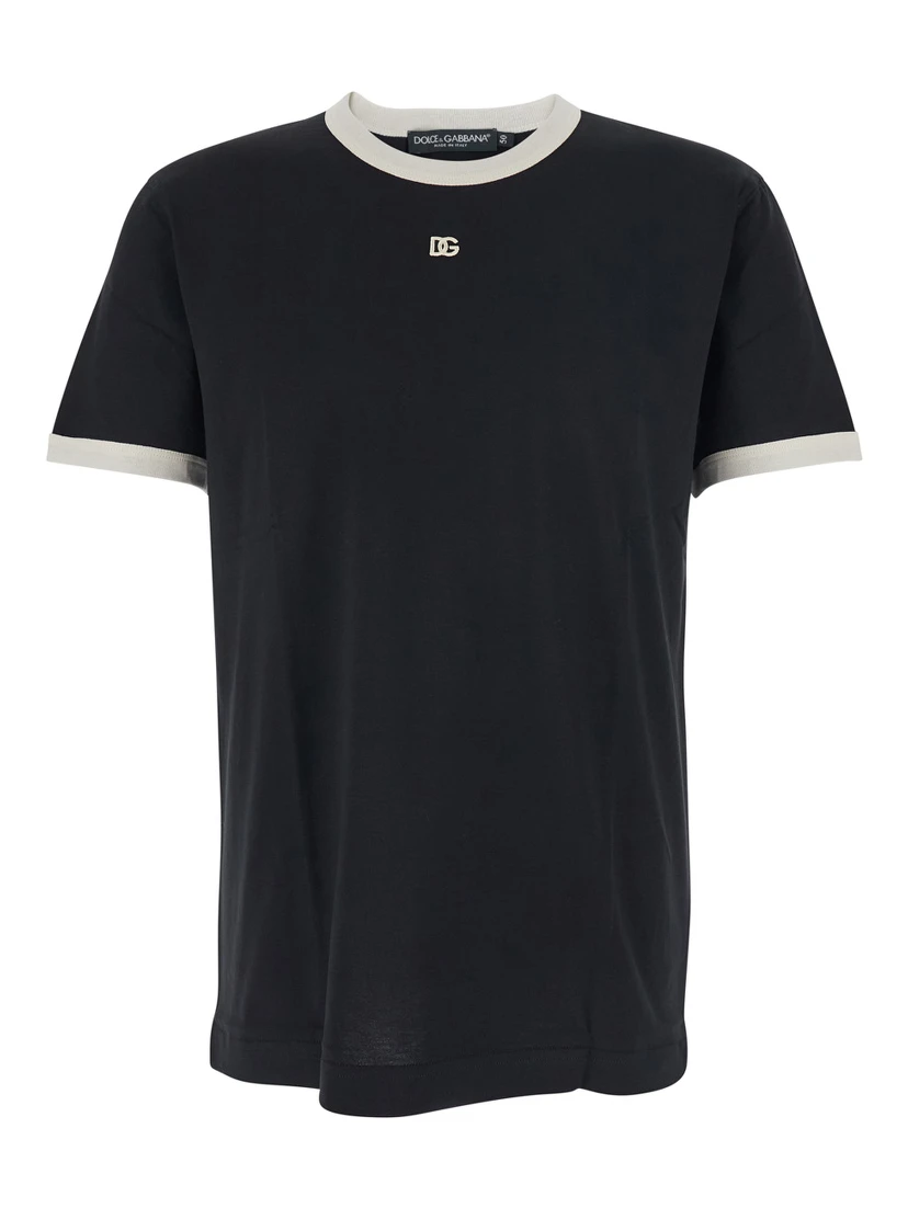 Black Crewneck T-Shirt with Logo Embroidery on the Front in Cotton Man
