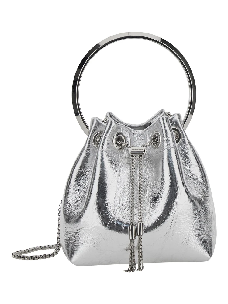 Bon Bon Metallic Handbag with Metal Bracelet Handle and Chain-Link Shoulder Strap in Leather Woman