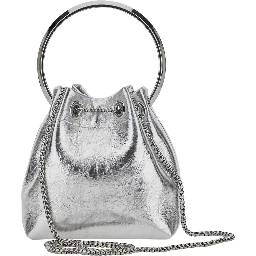 Bon Bon Metallic Handbag with Metal Bracelet Handle and Chain-Link Shoulder Strap in Leather Woman