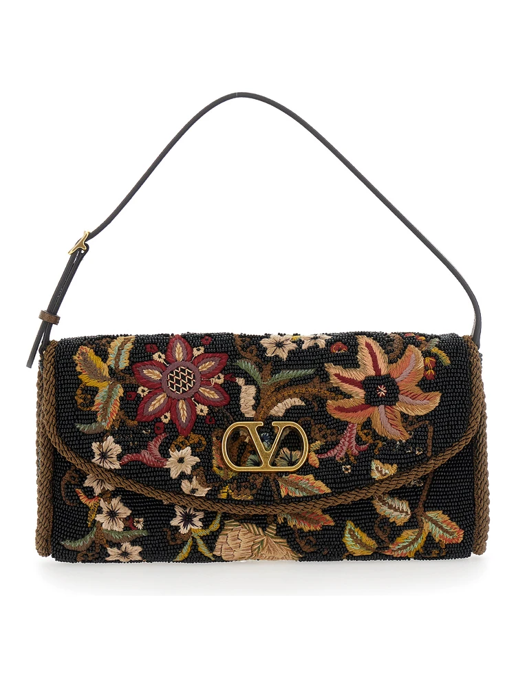 Multicolor Shoulder Bag with VLogo Plaque on the Front and Floral Embroidery in Silk Woman