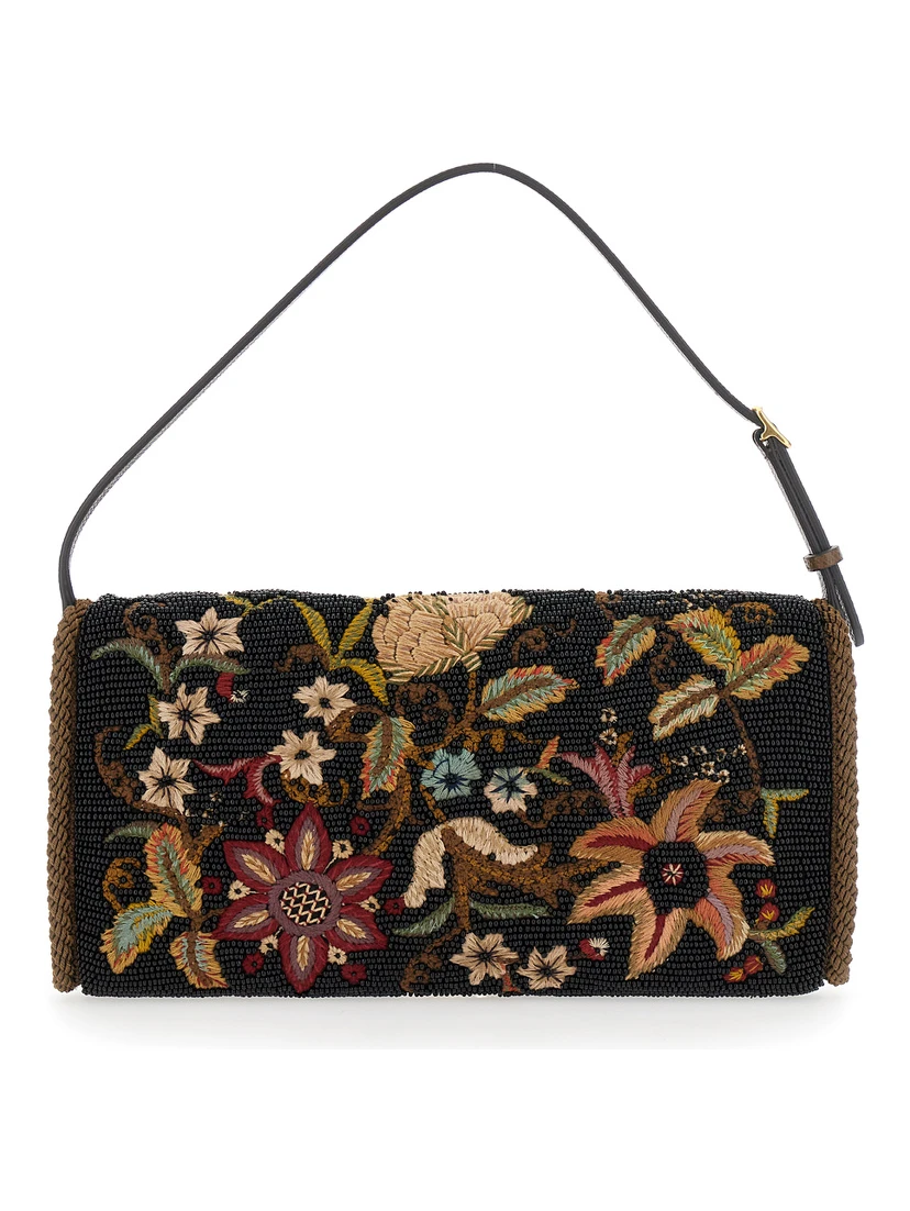 Multicolor Shoulder Bag with VLogo Plaque on the Front and Floral Embroidery in Silk Woman